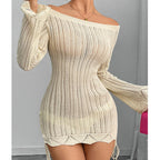 Damen Strickkleid im modernen Off-Shoulder Design mit weiten Ärmeln und Raffungen R&B
