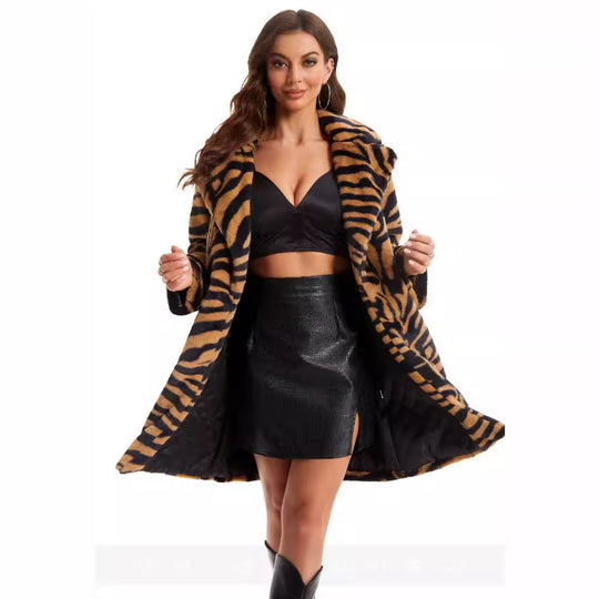 Damen Stylish und flauschiger Kunstfellmantel mit Zebra-Design R&B