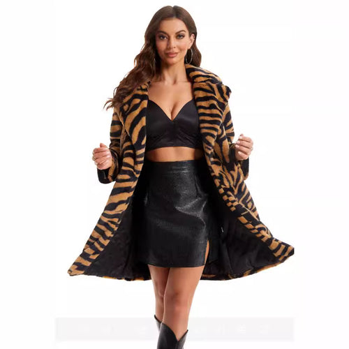 Damen Stylish und flauschiger Kunstfellmantel mit Zebra-Design R&B