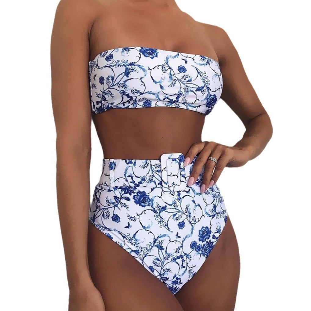 Damen Bandeau-Bikini mit hochtaillierten Hosen