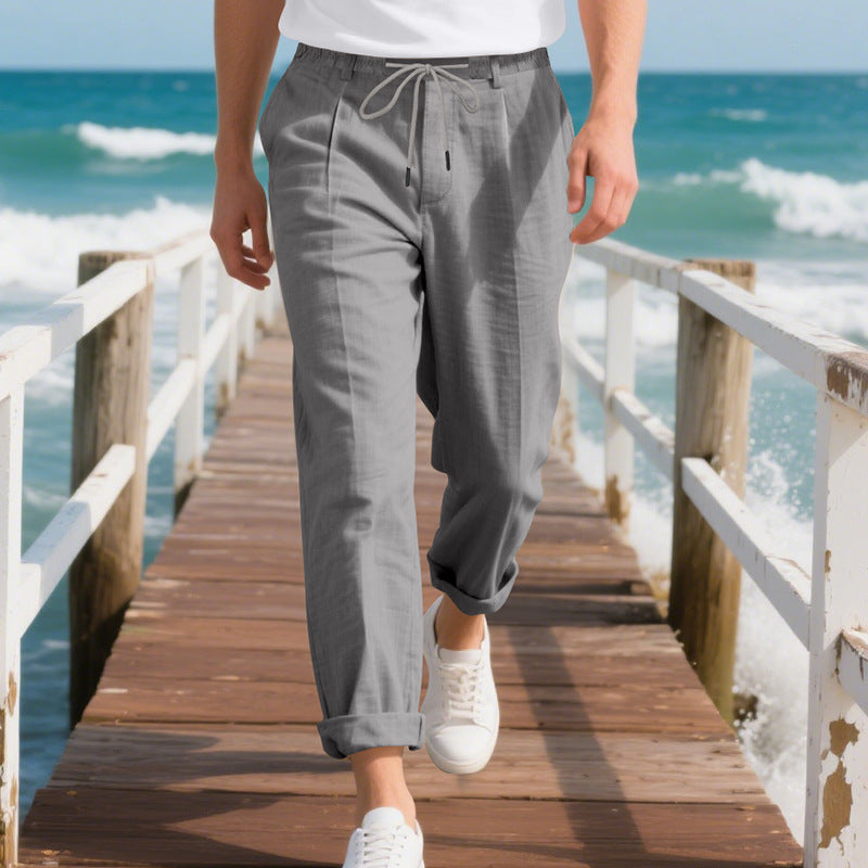 Herren nan strandtaugliche Leinenmisch-Loungehose mit elastischem Tunnelzug, dezenter Bundfalte und umgeschlagenem Knöchelabschluss R&B