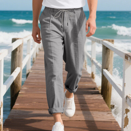 Herren nan strandtaugliche Leinenmisch-Loungehose mit elastischem Tunnelzug, dezenter Bundfalte und umgeschlagenem Knöchelabschluss R&B