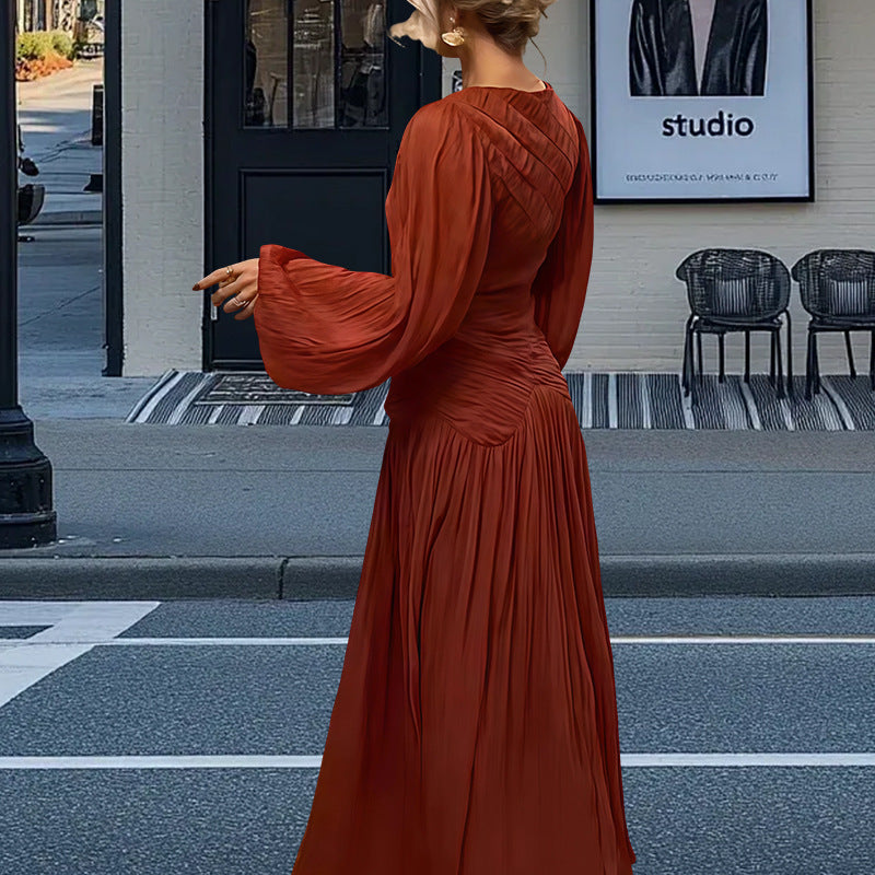 Damen Elegantes Plissiertes Maxikleid mit Raffungen und langen Ärmeln R&B