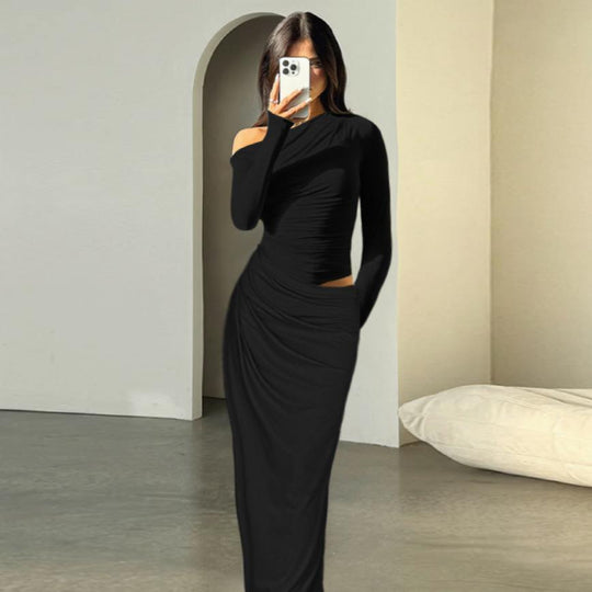 Damen elegantes Wickelkleid mit asymmetrischem Schnitt und langen Ärmeln R&B