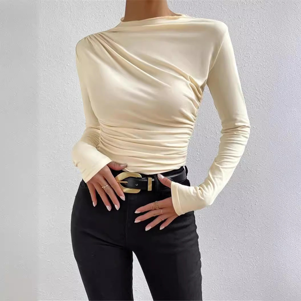 Damen nan figurbetontes Langarmshirt mit asymmetrischer Raffung am Vorderteil und U-Boot-Ausschnitt R&B