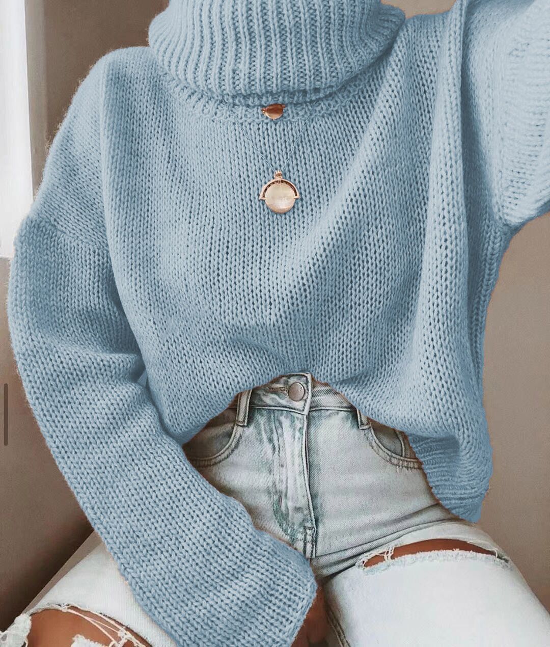 Damen Strickpullover mit hohem Kragen und lässigem Schnitt R&B