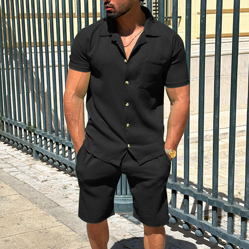 Herren nan lässiges zweiteiliges Freizeitset aus geripptem Jersey mit Hemdkragen Knopfleiste und Shorts R&B