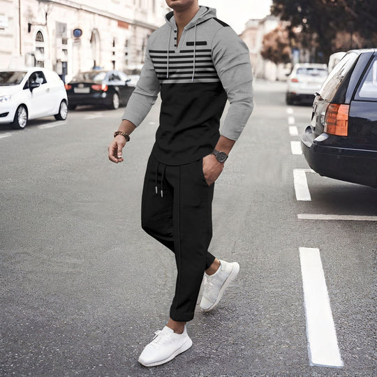 Herren nan urbanes Kapuzen-Henley Freizeitset mit Streifenpasse und gekürzter Joggerhose R&B
