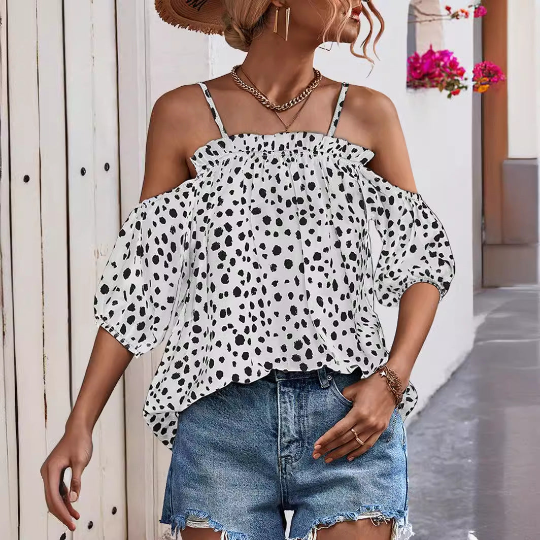 Damen Off-Shoulder Blusenshirt mit Rüschendetails und tierischem Print R&B