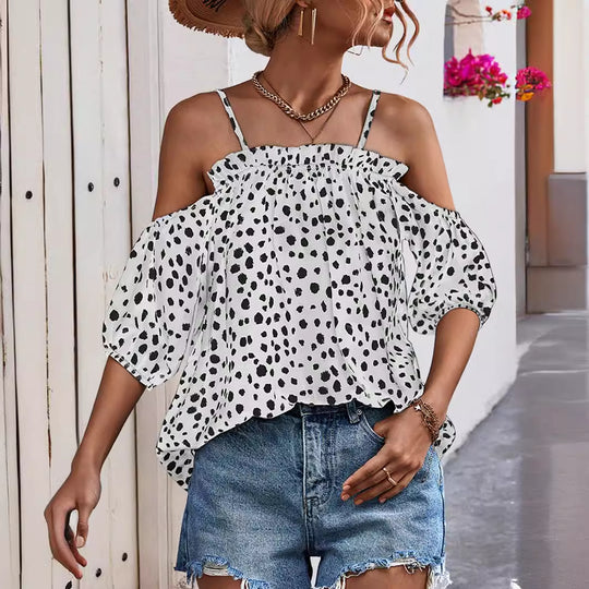 Damen Off-Shoulder Blusenshirt mit Rüschendetails und tierischem Print R&B