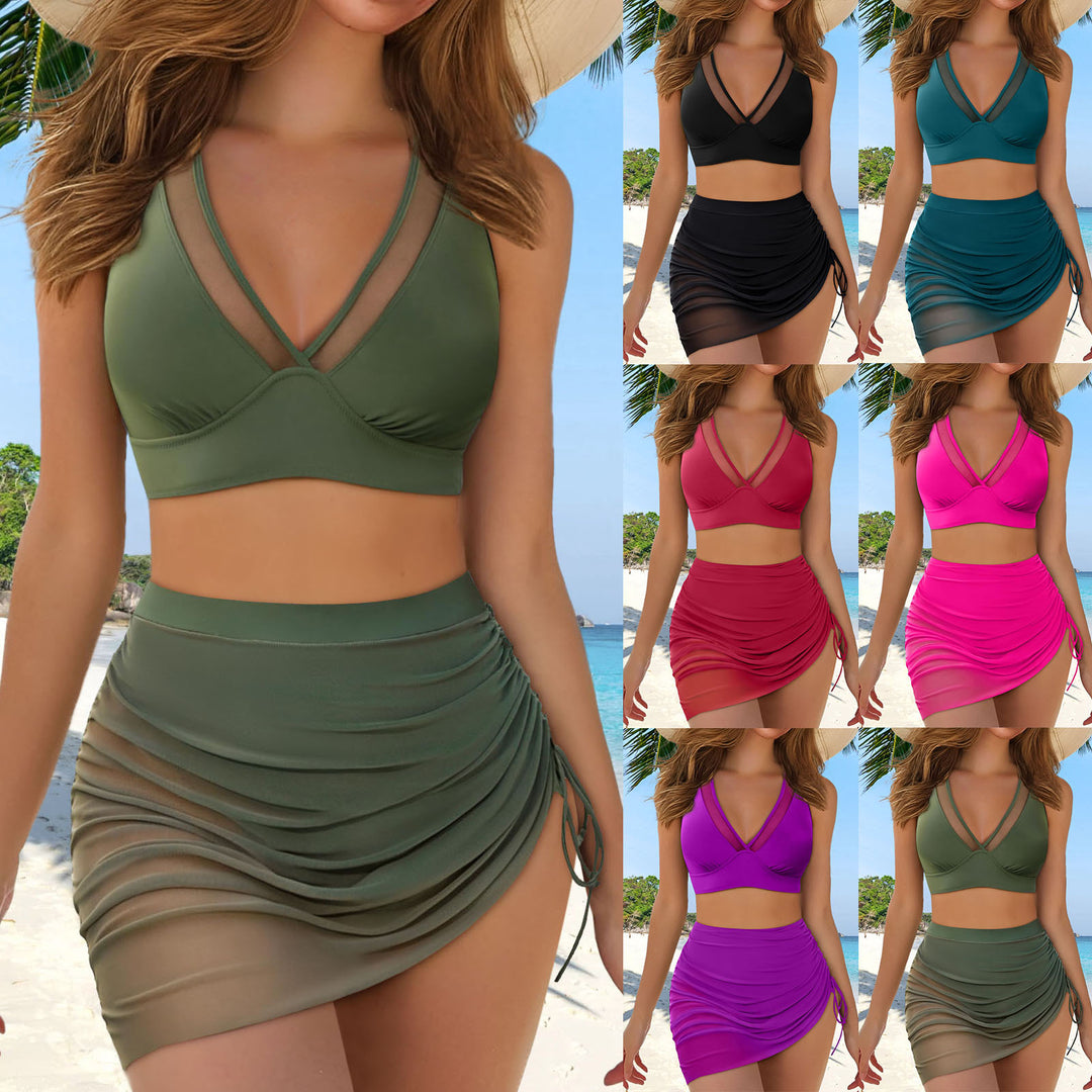 Damen Sport-Bikini-Oberteil mit transparenten Einsätzen und Wickelrock R&B