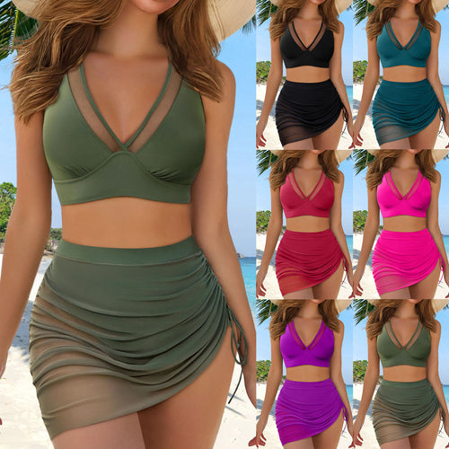 Damen Sport-Bikini-Oberteil mit transparenten Einsätzen und Wickelrock R&B