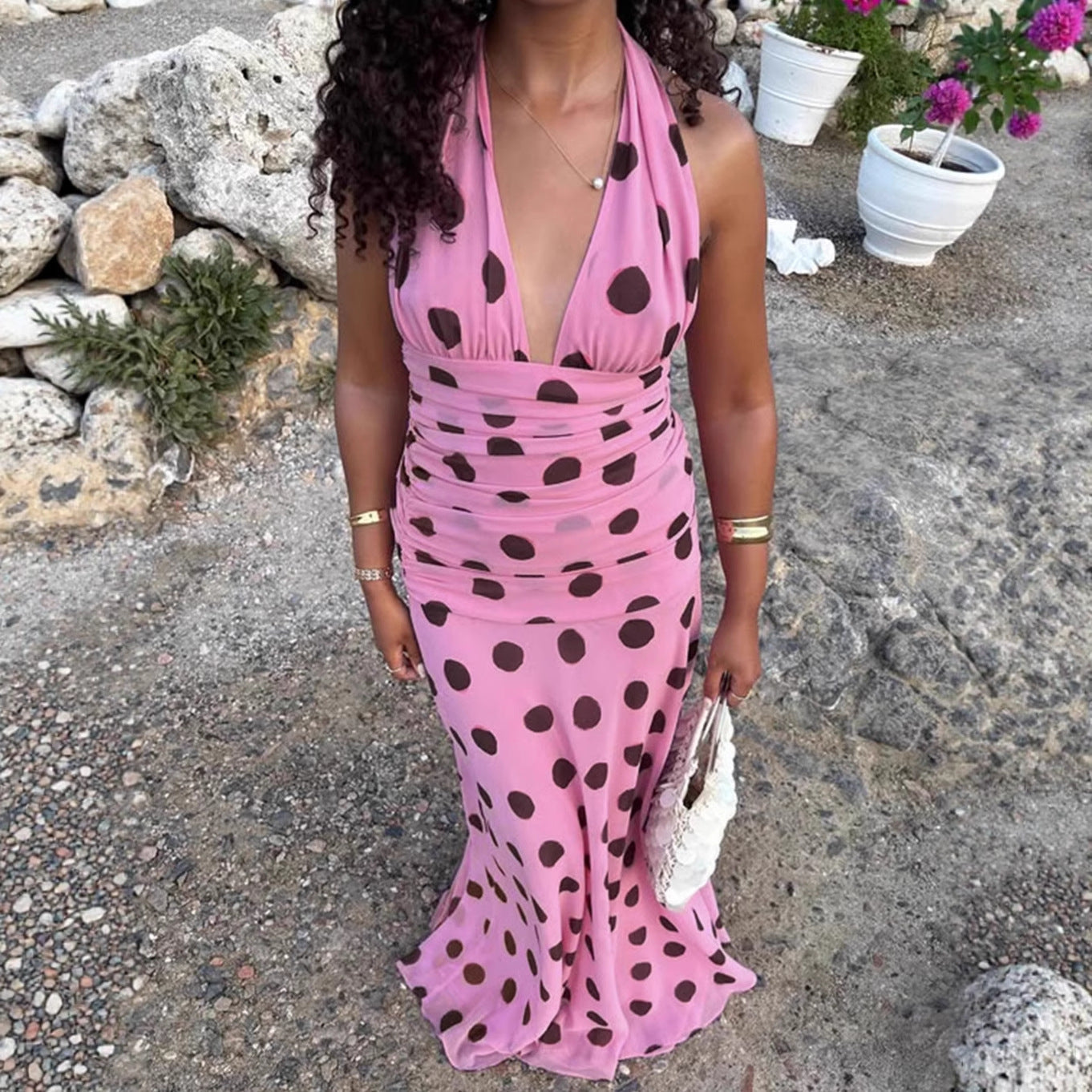 Damen Elegantes Maxikleid mit Punkten und tiefem V-Ausschnitt R&B