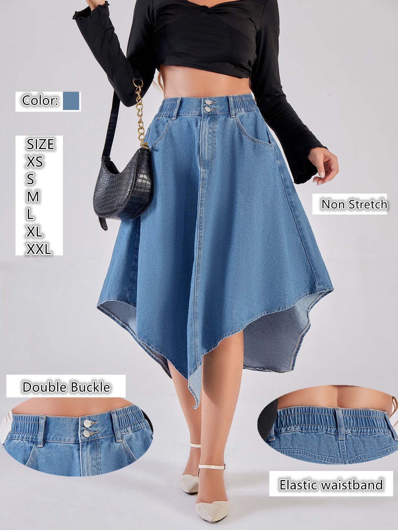 Damen asymmetrischer Denim-Rock mit attraktivem Saumdesign R&B