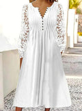Damen Midikleid mit eleganter Lochspitzenärmel und Knopfleiste R&B