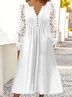 Damen Midikleid mit eleganter Lochspitzenärmel und Knopfleiste R&B
