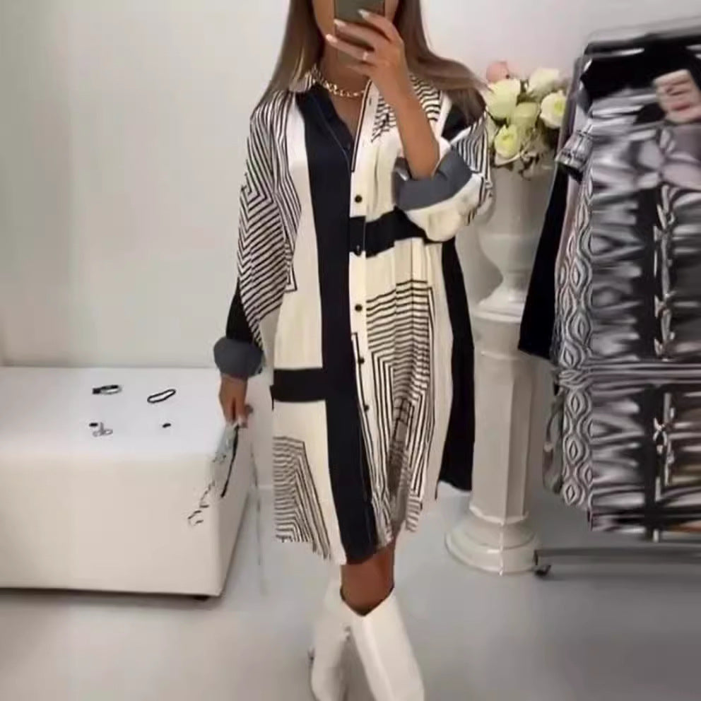 Damen nan knieumspielendes A-Linien-Hemdblusenkleid mit grafischem Linienprint, verdeckter Knopfleiste und oversized Manschetten R&B