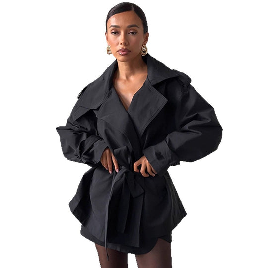 Damen Modische Kurztrenchjacke mit Taillenknoten und großzügigen Taschen R&B
