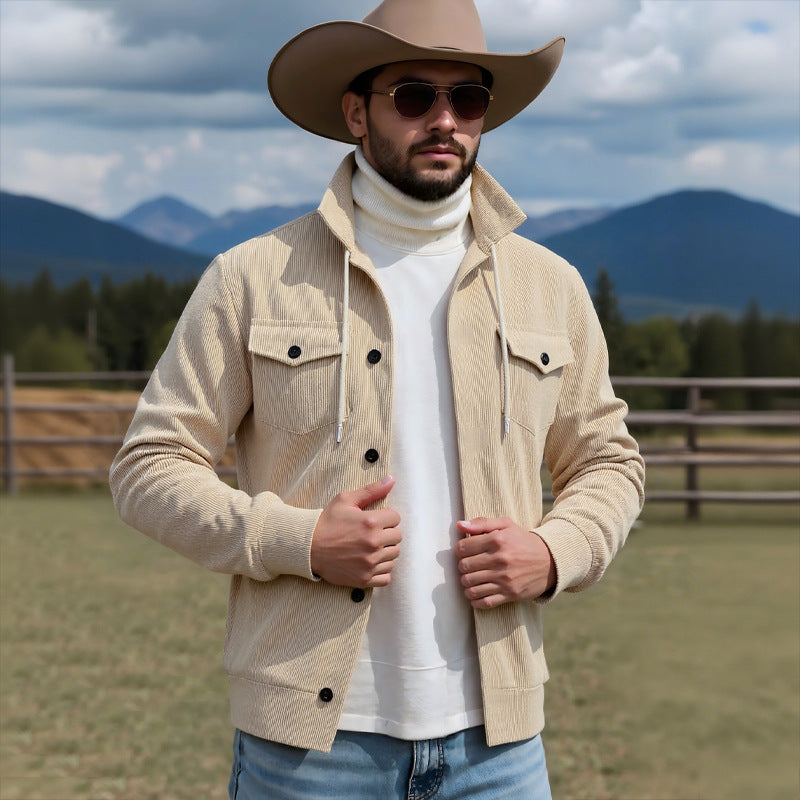 Herren nan gerippte Cord-Überhemdjacke mit Kapuze, Brustklappen und durchgehender Knopfleiste R&B
