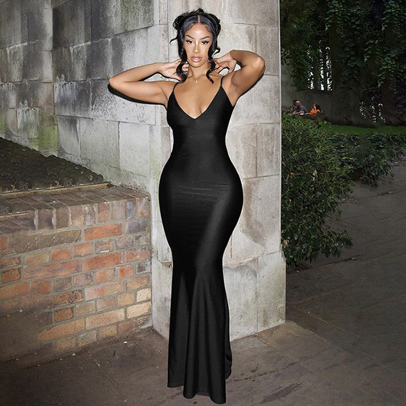 Damen elegantes figurbetontes Abendkleid mit Spaghettiträgern und fließendem Schnitt R&B