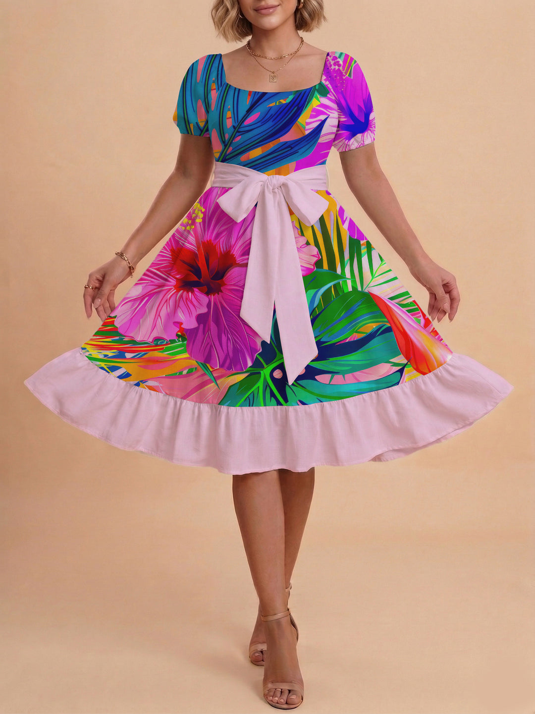 Damen Sommerkleid mit floralem Puffärmel und taillierbarem Gürtel R&B