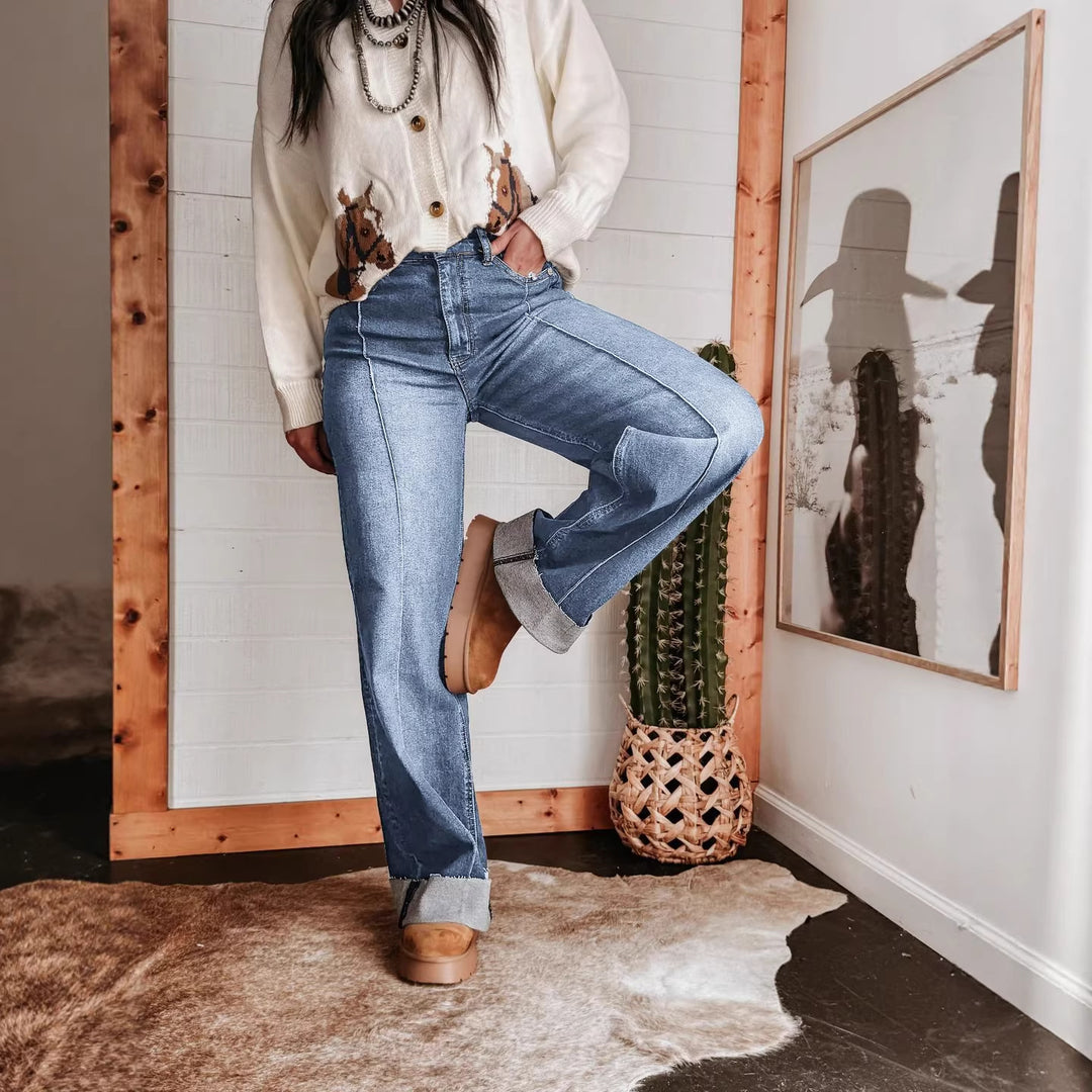 Damen weite High-Waist Jeans mit einzigartigen Kontrastnähten und lässigem Look R&B