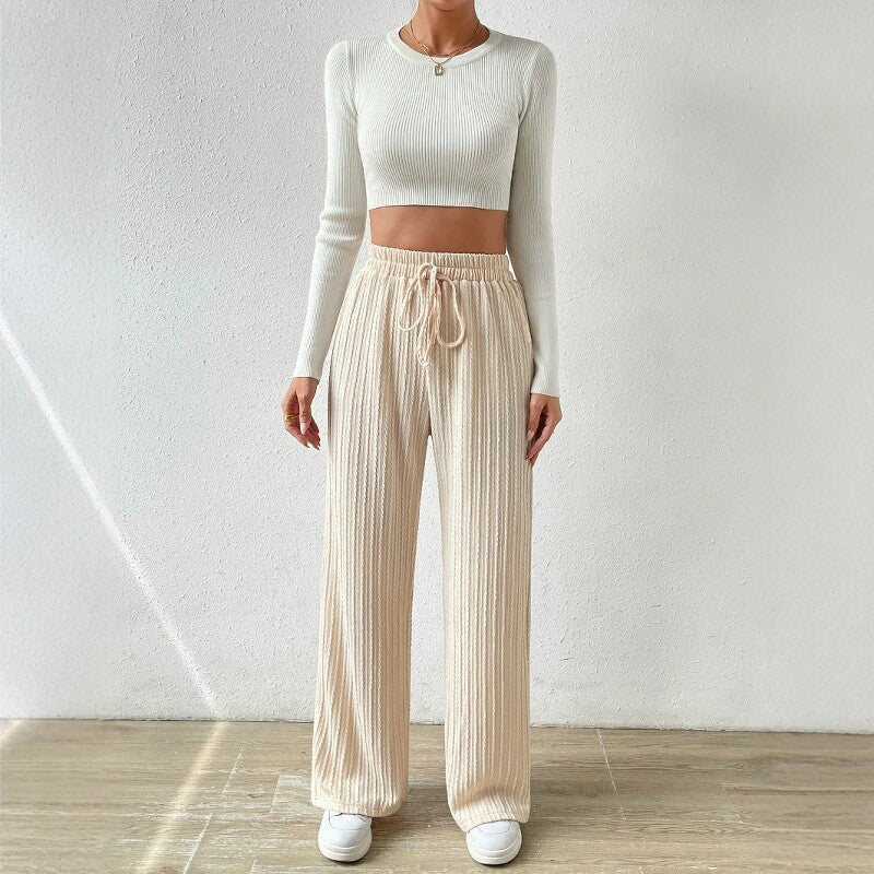 Damen entspannendes Strick-Loungewear-Set mit hoher Taille und weitem Bein R&B