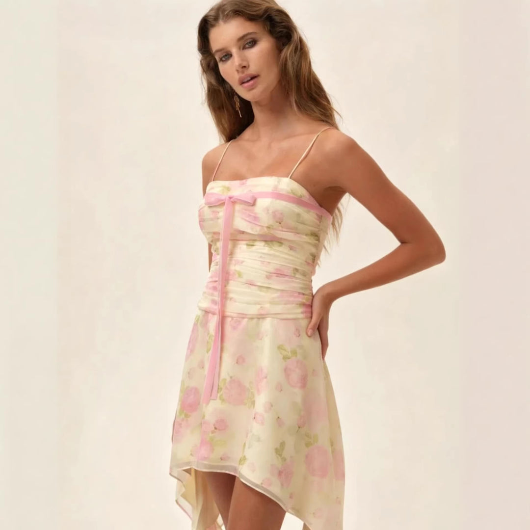 Damen Flower-Print Mini-Kleid mit asymmetrischem Saum und eleganter Raffung R&B