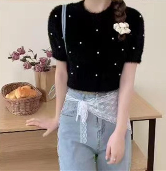 Damen cropped Pullover mit zarten Perlen R&B