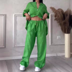 Damen nan lässiges Leinen-Zweiteiler Set mit lockerer Hemdbluse, aufgesetzten Brusttaschen und elastischer Tunnelzug-Hosenbund R&B