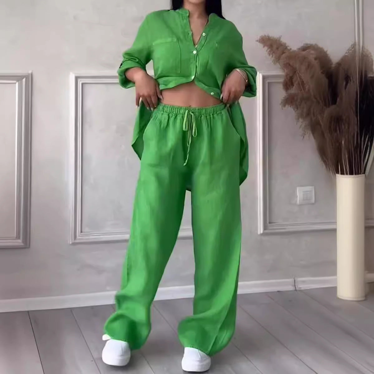 Damen nan lässiges Leinen-Zweiteiler Set mit lockerer Hemdbluse, aufgesetzten Brusttaschen und elastischer Tunnelzug-Hosenbund R&B