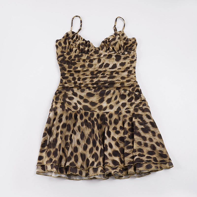 Damen Tiermuster Kleid mit Rüschen und Spaghettiträgern R&B