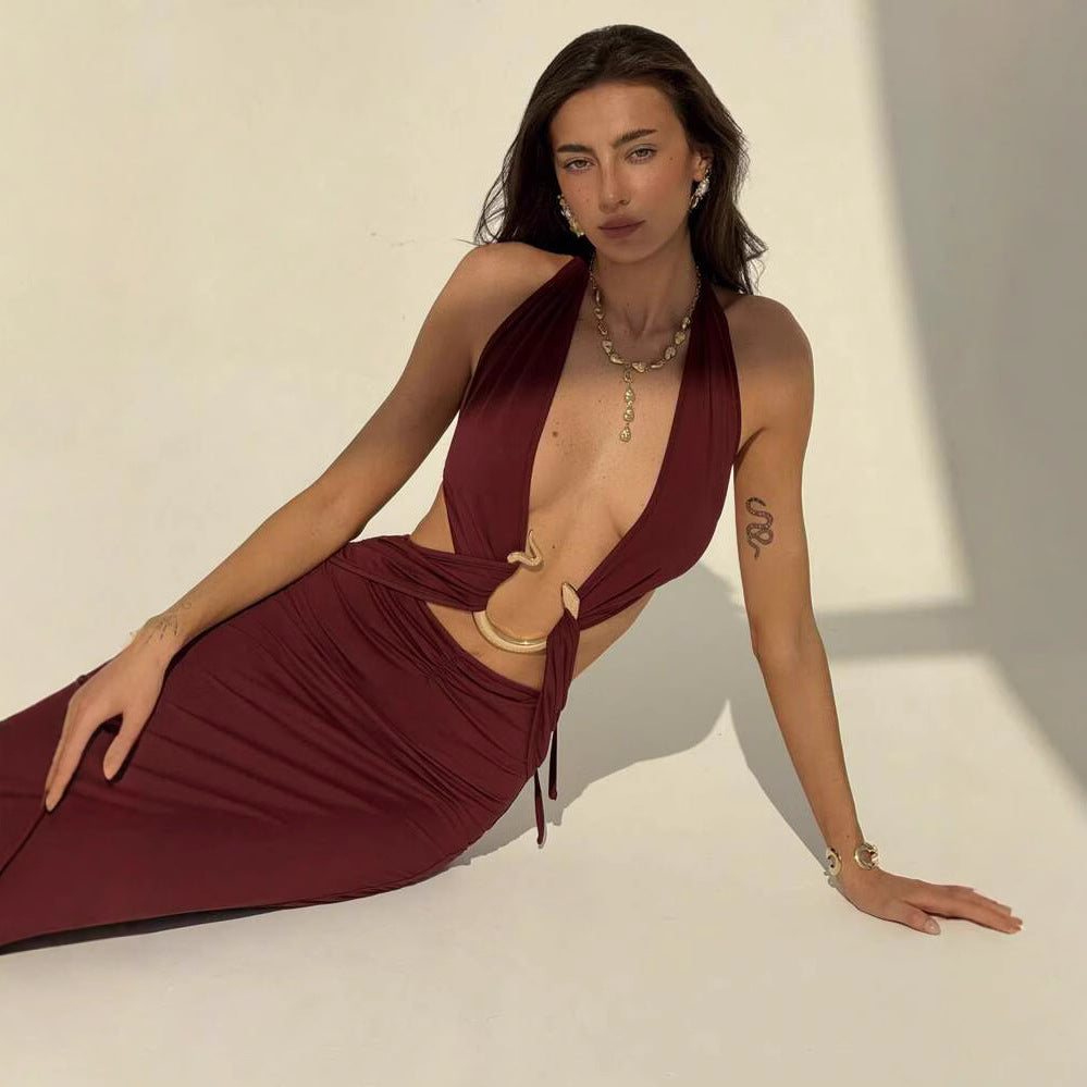 Damen Maxi-Kleid mit verführerischem Halterneck und eleganten Cut-Out-Details R&B