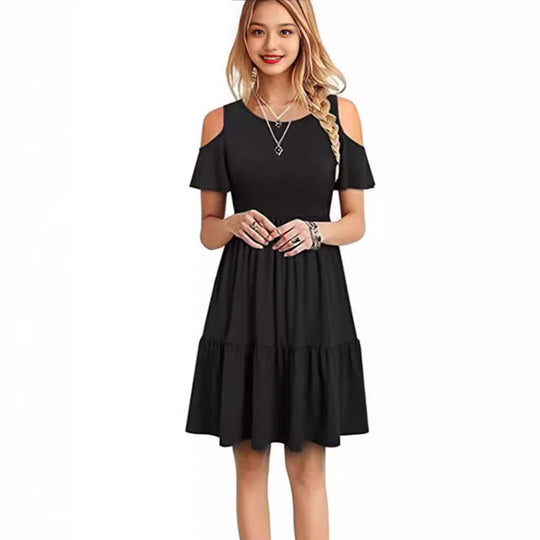Damen lässiges Kleid mit kaltem Schulterdesign und voluminösem Rock R&B