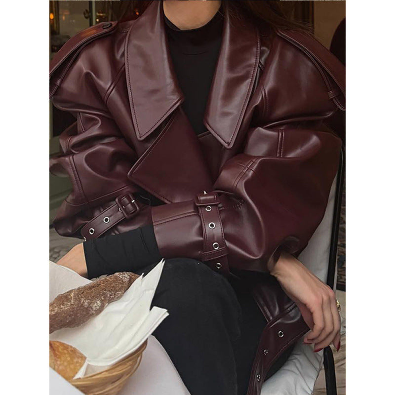 Damen modische Kunstlederjacke mit voluminösen Ärmeln R&B
