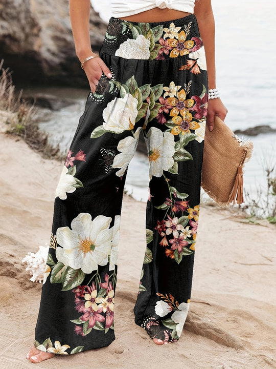 Damen Weit geschnittene Strandhose mit floralem Motiven und elastischem Bund R&B
