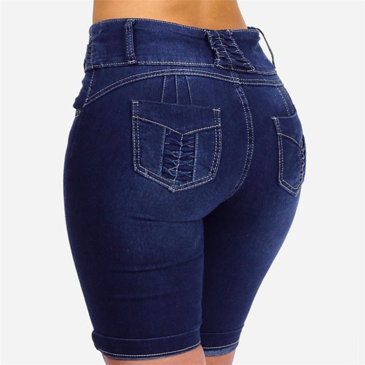 Damen Jeansbermuda mit hohem Bund und Knopfdetail R&B
