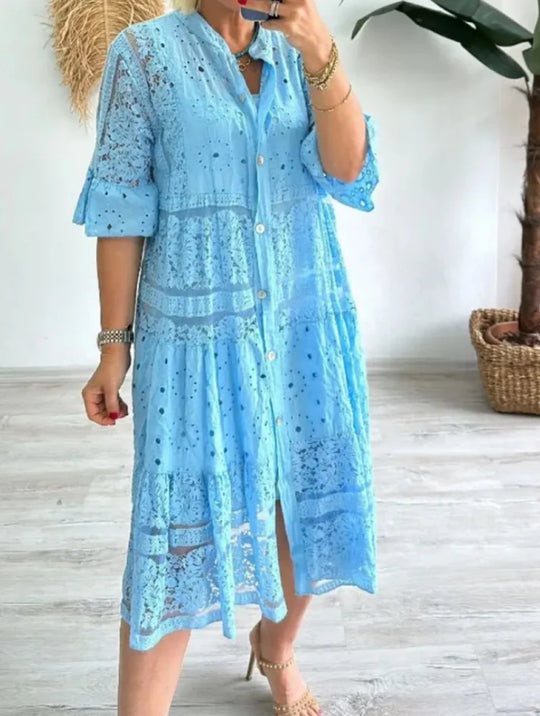 Damen nan Hemdblusen-Midikleid mit Spitzen-Einsätzen, Stufenrock und durchgehender Knopfleiste R&B