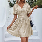 Damen Wickelkleid mit tiefem V-Ausschnitt und voluminösen Ärmeln R&B