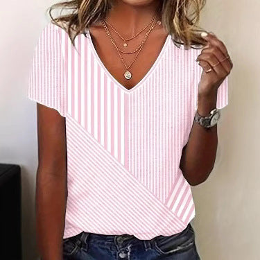 Damen V-Ausschnitt T-Shirt im modernen Streifen-Design Heidi-Mode