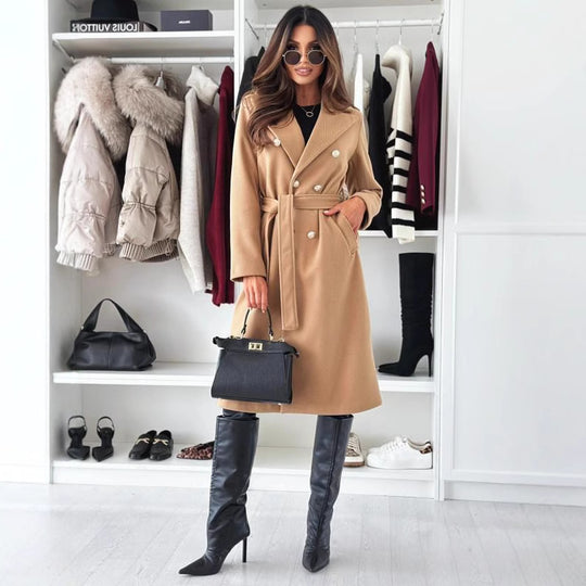 Damen Doppelt genähter Trenchcoat mit taillierbarem Gürtel und eleganter Struktur R&B