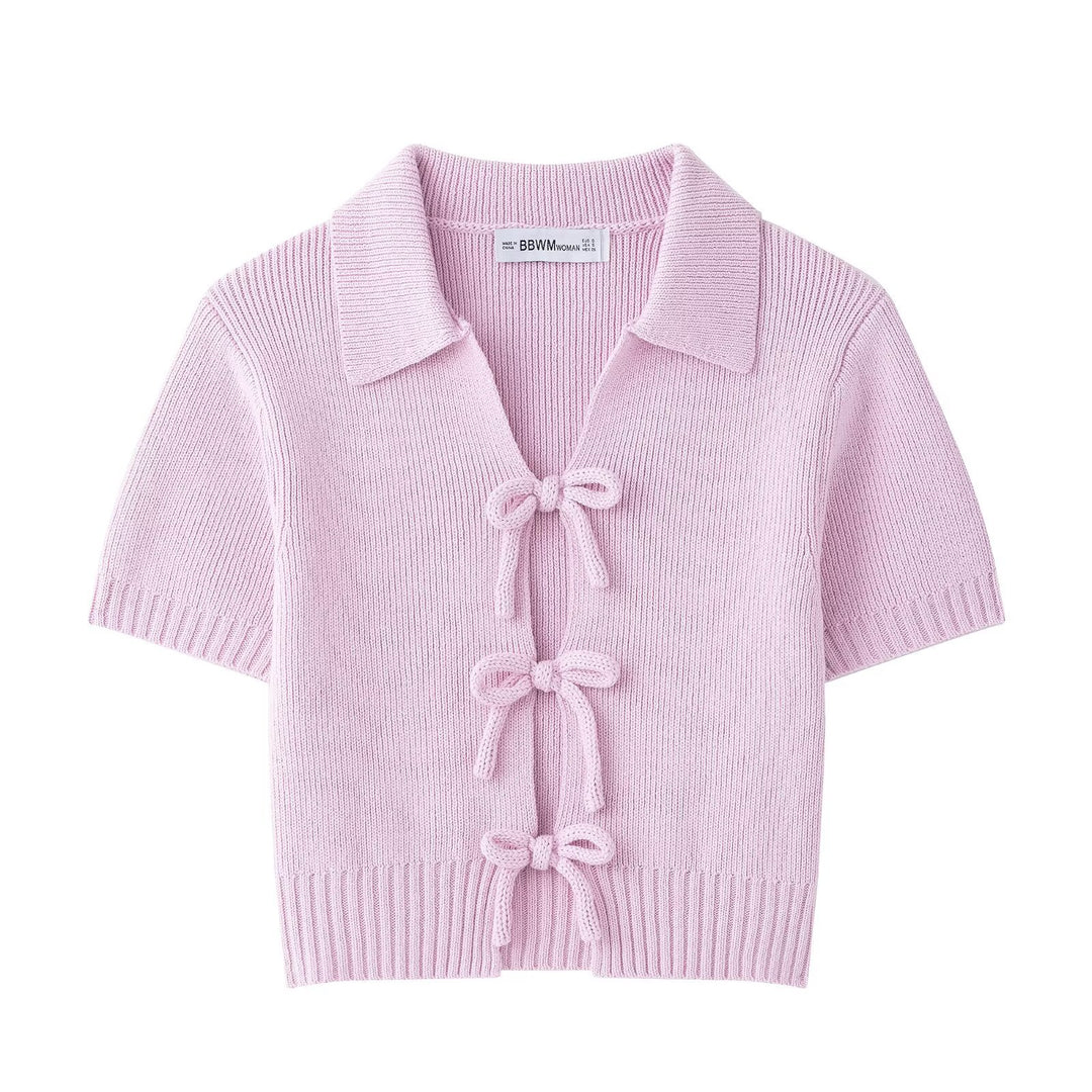 Damen modische Strickjacke mit kurzen Ärmeln und Schleifenverschluss R&B