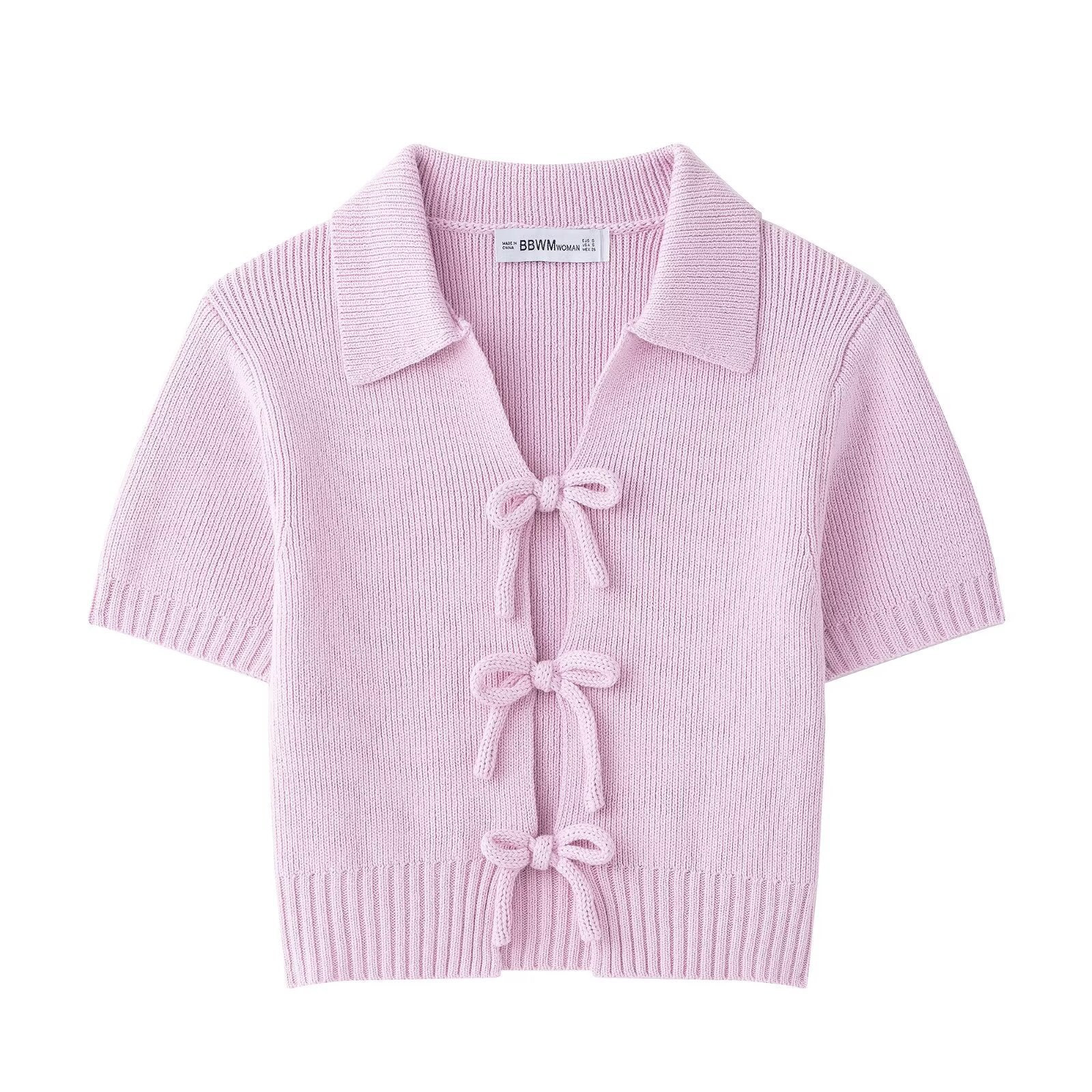 Damen modische Strickjacke mit kurzen Ärmeln und Schleifenverschluss