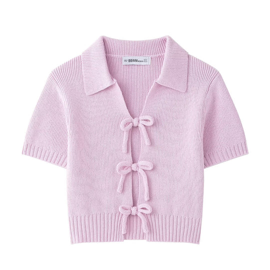 Damen modische Strickjacke mit kurzen Ärmeln und Schleifenverschluss R&B