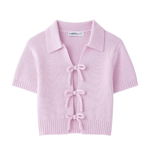 Damen modische Strickjacke mit kurzen Ärmeln und Schleifenverschluss R&B