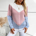 Damen modischer Strickpullover mit geometrischem Muster und Zopfrippen