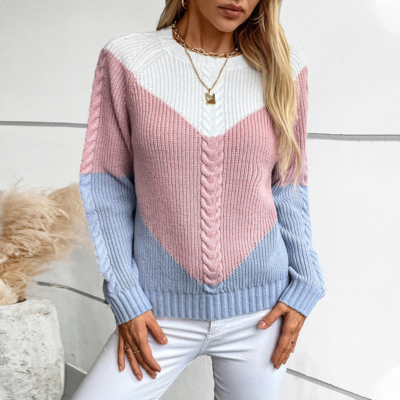 Damen modischer Strickpullover mit geometrischem Muster und Zopfrippen