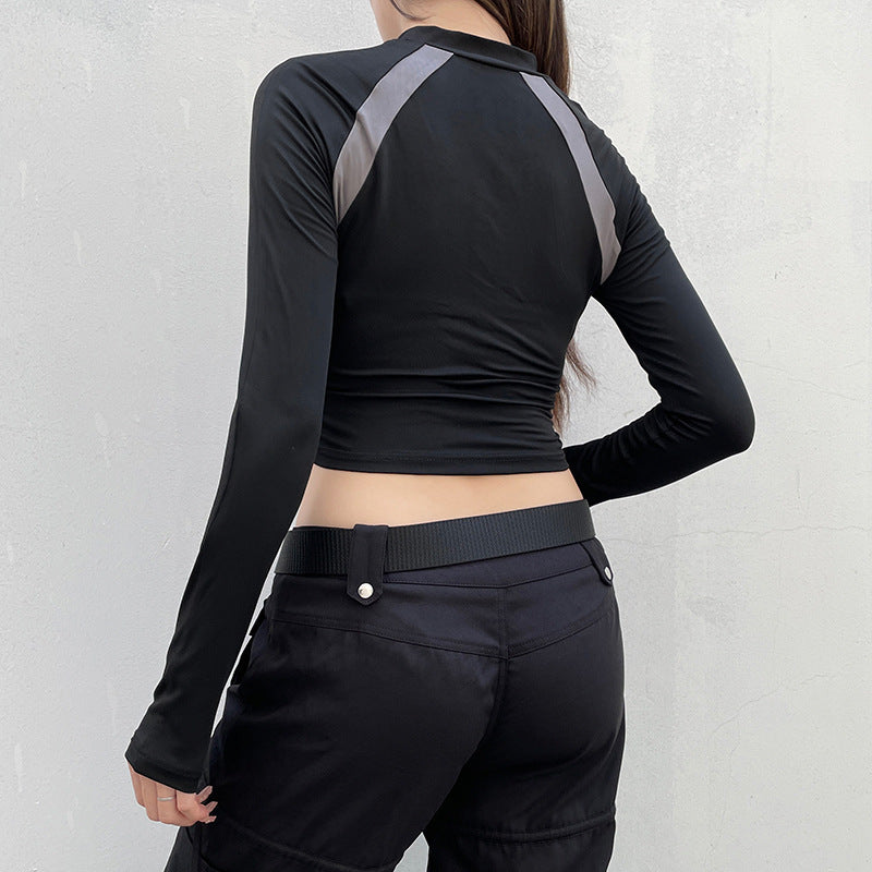 Damen Sportliches Kurzarm-Top mit Reißverschluss und kontrastierenden Nähte R&B