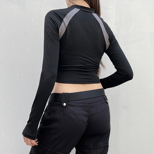 Damen Sportliches Kurzarm-Top mit Reißverschluss und kontrastierenden Nähte R&B