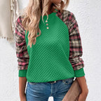 Damen Lässiger Sweatshirt mit gestepptem Design und karierten Ärmeln R&B